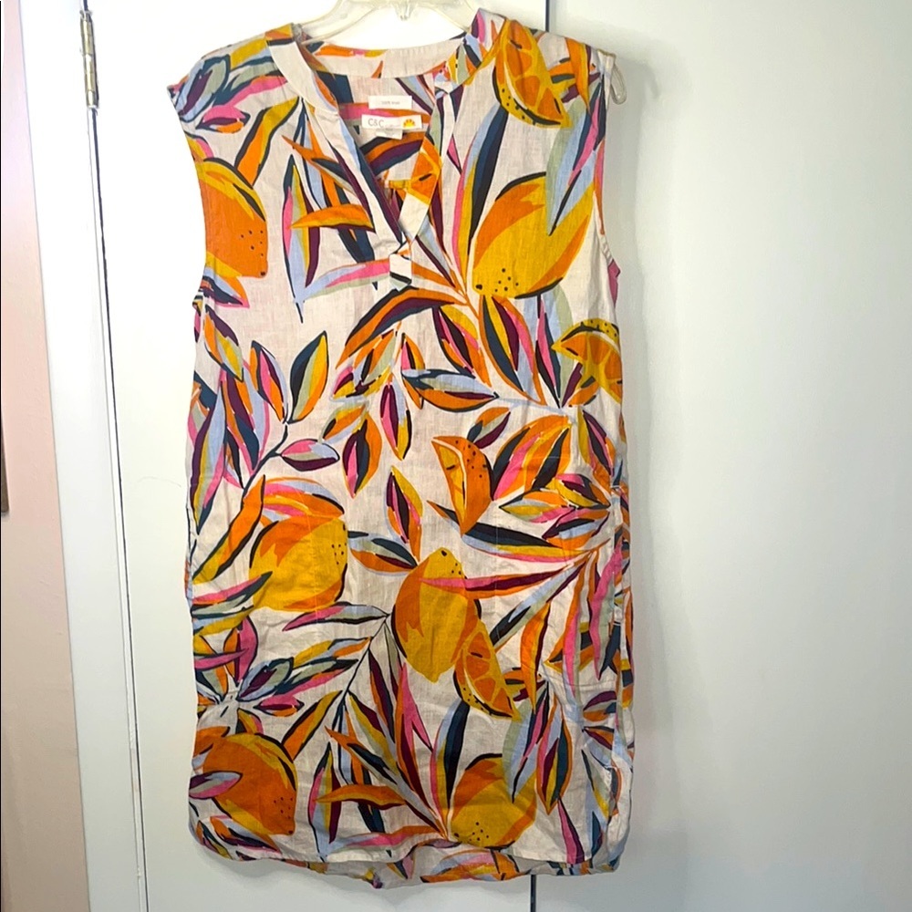 C&C California 100% Linen Tropical Fruit Print Mini Tie/Shift Dress Medium